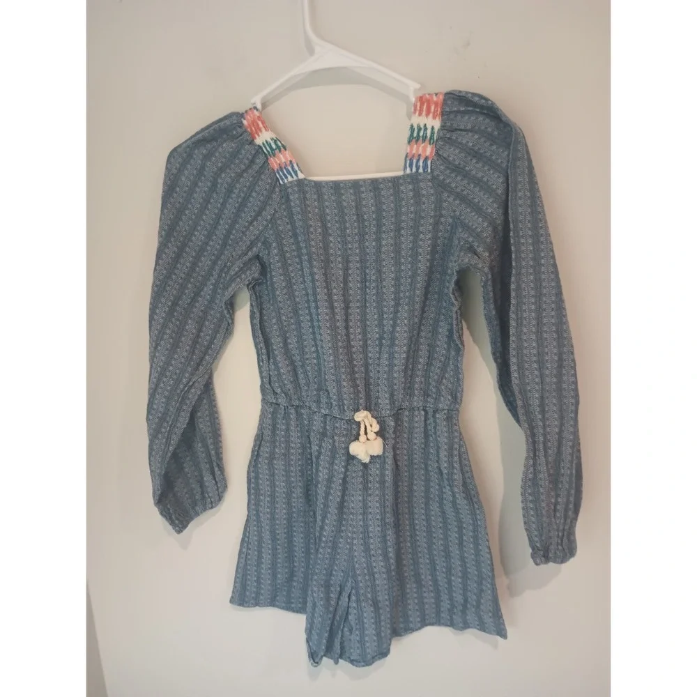 Art Class Girls Medium 7/8 Romper Blue Long Sleeve Embroidered Shoulder Tassel